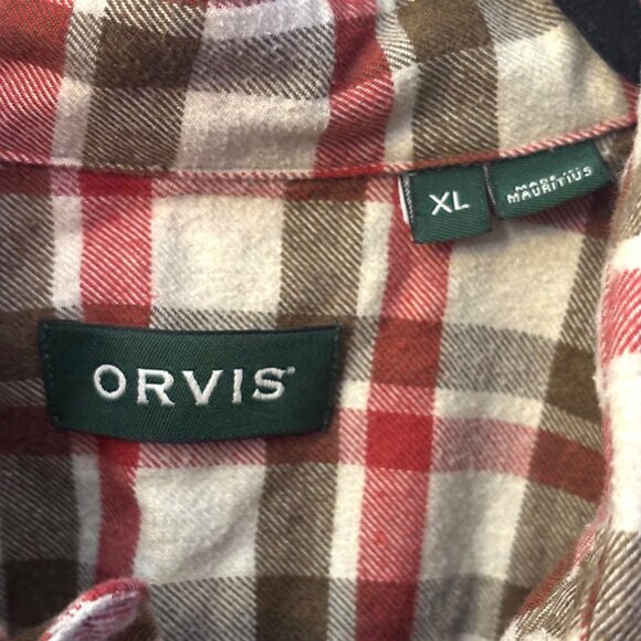 Orvis Lodge Flannel Shirt XL Plaid Red Brown Collared Button Up 100% Cotton - Picture 3 of 5